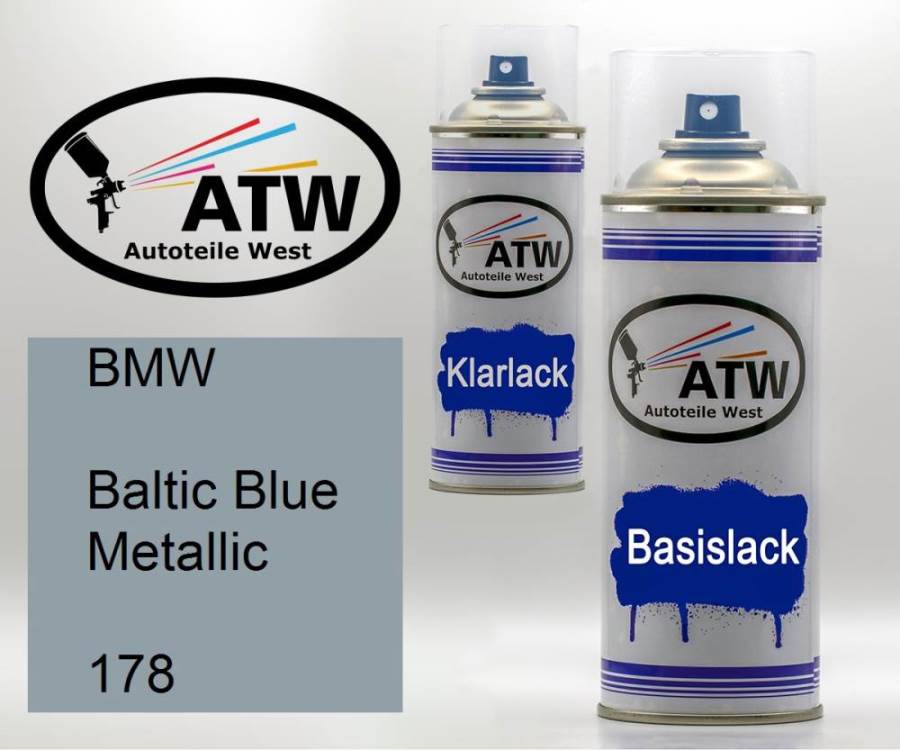 BMW, Baltic Blue Metallic, 178: 400ml Sprühdose + 400ml Klarlack - Set, von ATW Autoteile West.